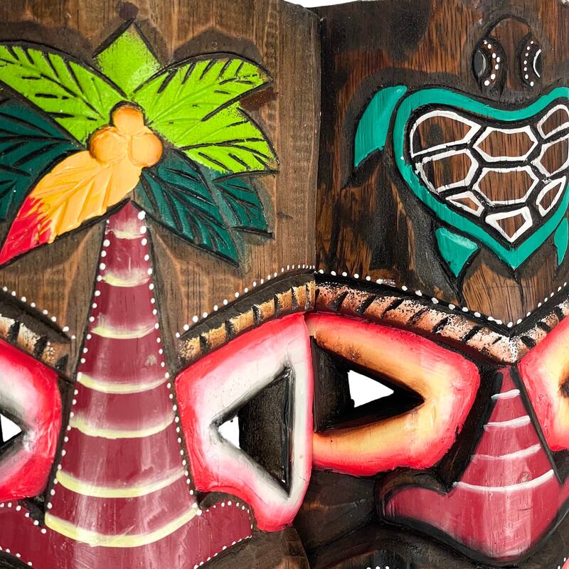 Set Of 2 Triple-Faced Tiki Wall Sculptures Palm Tree, Sun & Sea