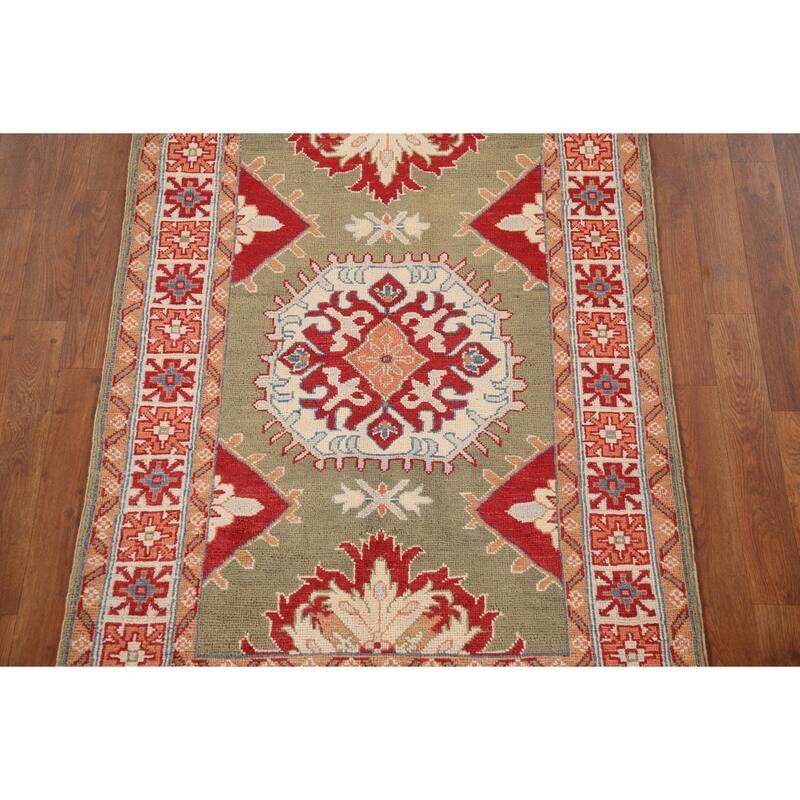 Geometric Green Kazak Oriental Accent Rug Handmade Wool Carpet - 3'3"x 5'1"