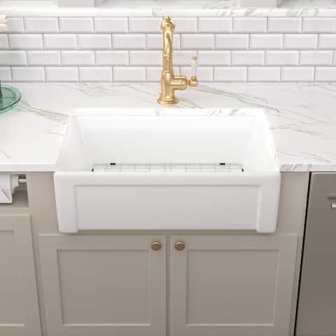 Kichae 30 inch Single Bowl White Ceramic Farmhouse Apron Kitchen Sink.