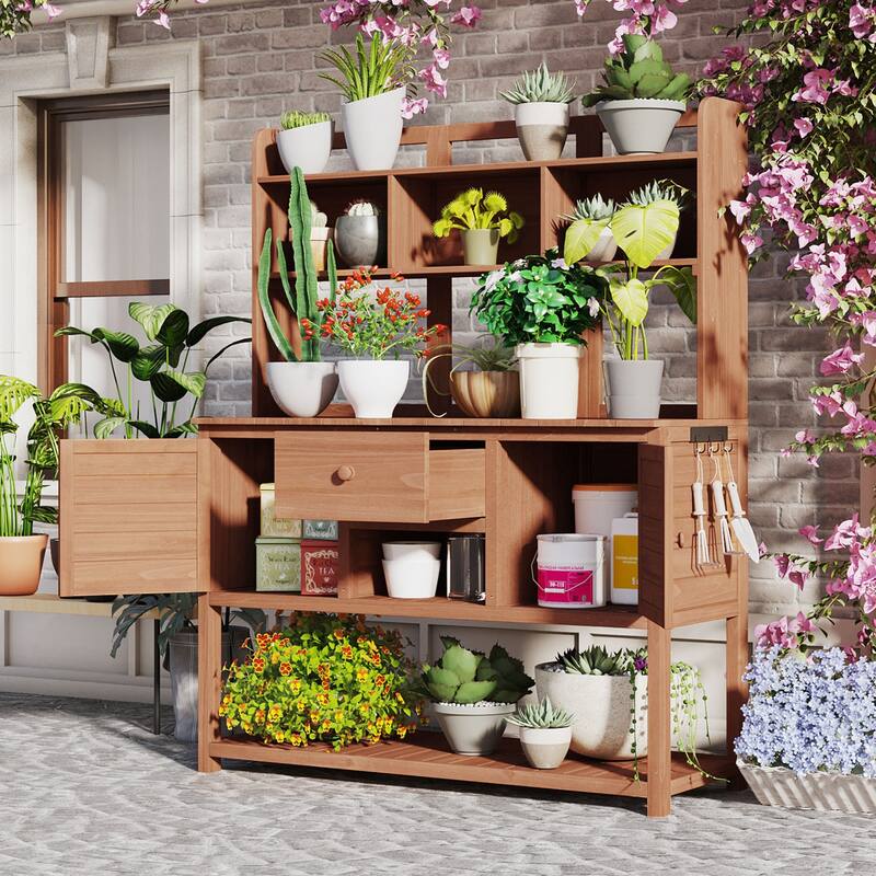 Solid Fir Wood Potting Bench Garden Workstation with Hutch, Drawer & Adjustable Shelves, Outdoor Garden Work Table