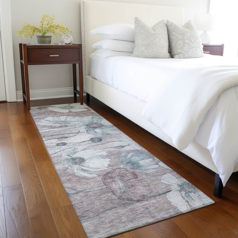 Machine Washable Indoor/ Outdoor Chantille Modern Floral Rug - Teal - 2'3" x 7'6"