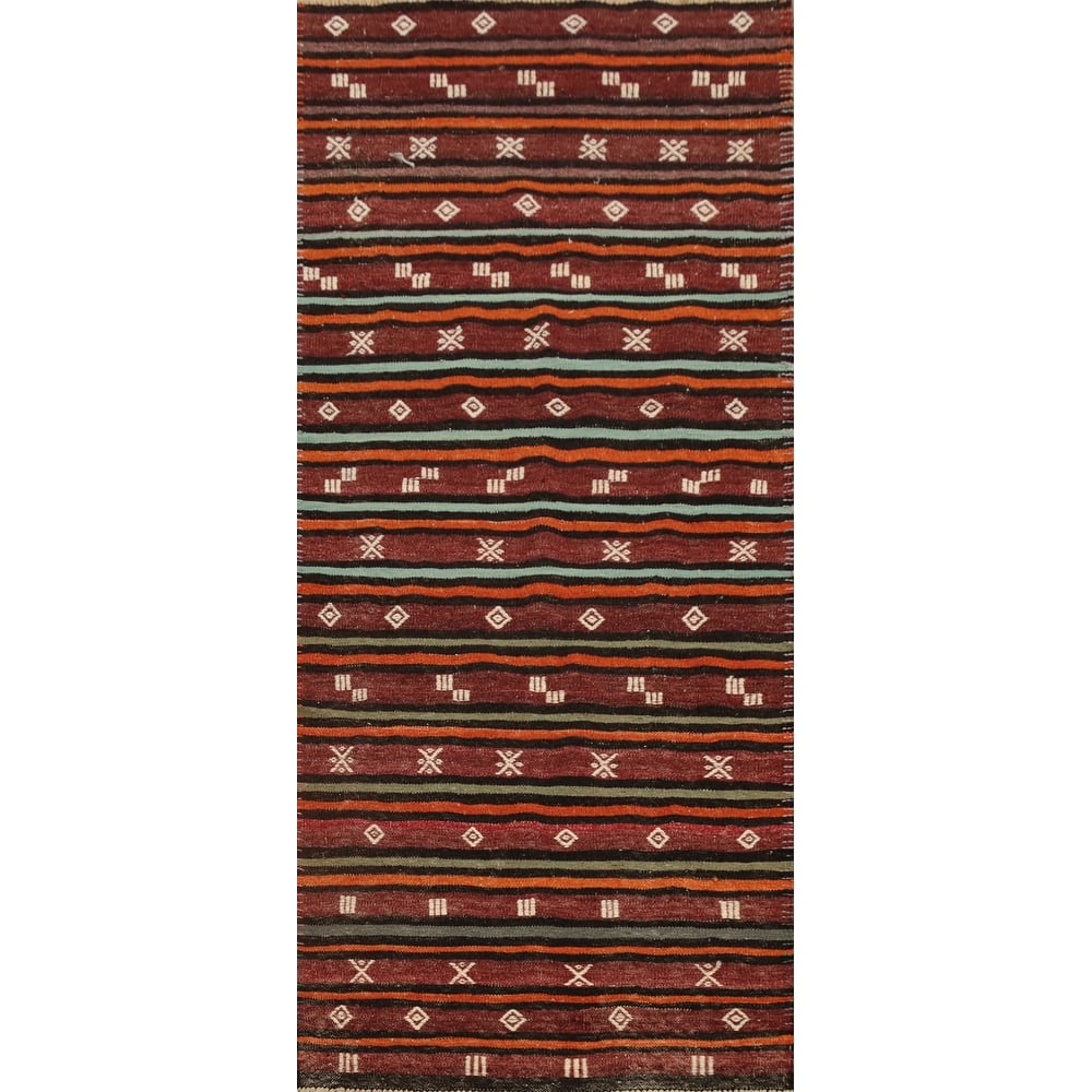 Hand Woven Oriental 100% Wool Carpet Southwestern Tribal Red Kilim Runner Rug - 8' 4'' X 3' 3''