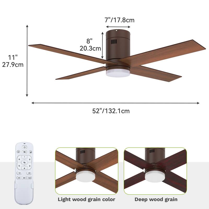 52" Flush Mount Ceiling Fan with Light and Remote, Modern for Indoor DC Motor