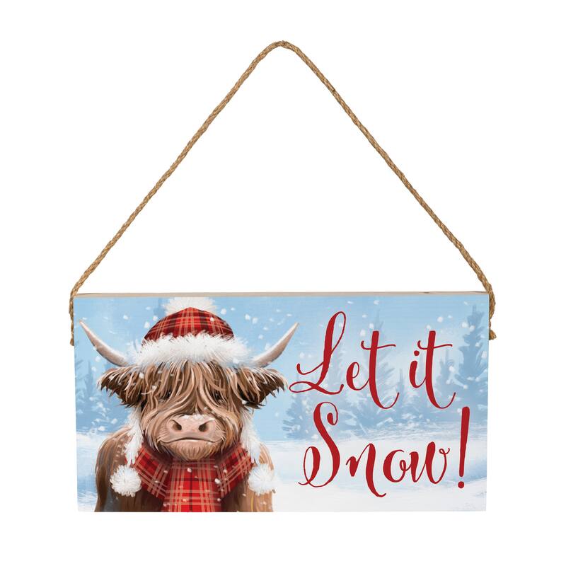 Holiday Highland Cow Hanging Wall Sign - 11"x6"