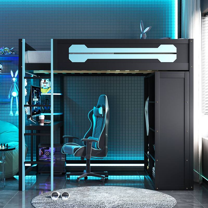Full Size Wood Loft Bed with Desk, Open Wardrobe and RGB Light
