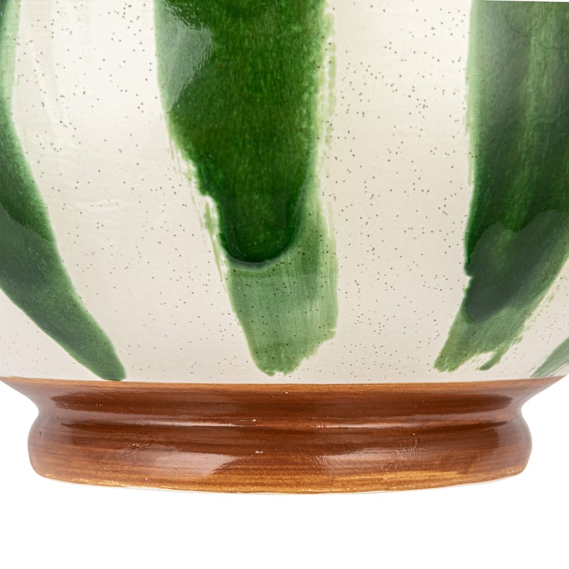 Hand-Painted Stoneware Footed Bowl with Stripes - 10.4"L x 10.4"W x 4.9"H - 10.4"L x 10.4"W x 4.9"H