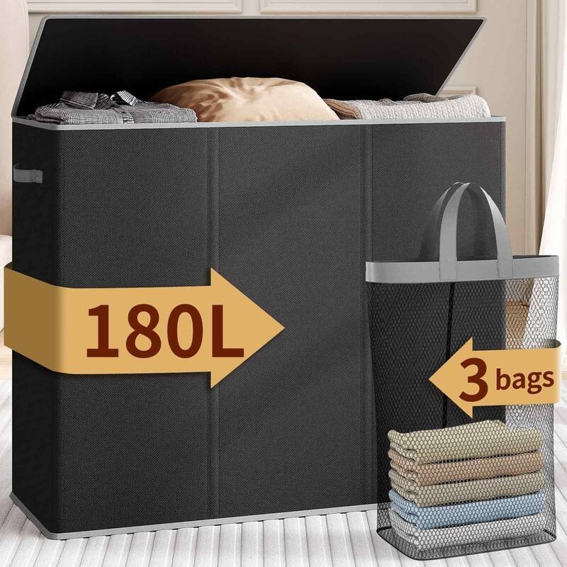 Laundry hamper 3 section - 32.7"L x 12.2"W x 27.6"H - Black