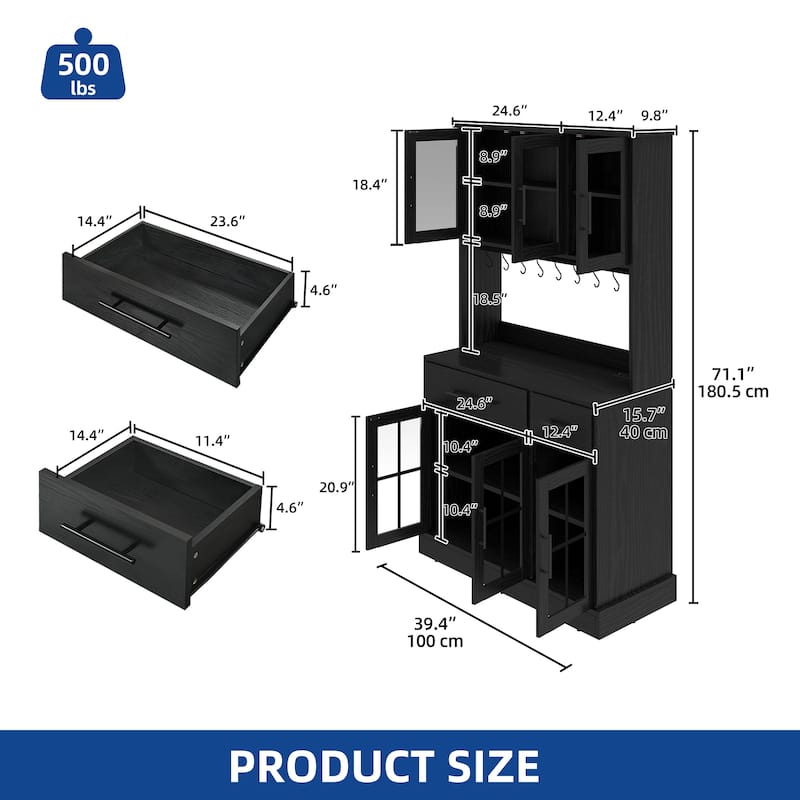 Moasis 71" Tall Pantry Storage Cabinet with Power Strip, Hooks, 2 Drawers, Microwave Stand, Kitchen Organizer