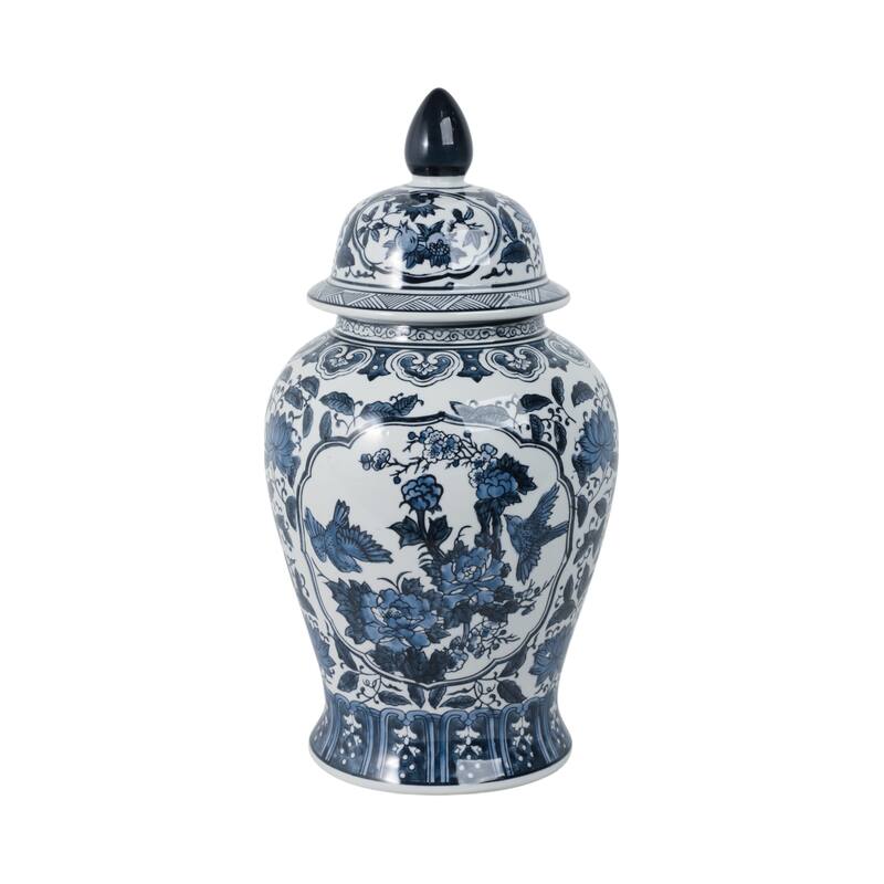 Ceramic Chinoiserie Floral Decorative Temple Jar - Blue 18"