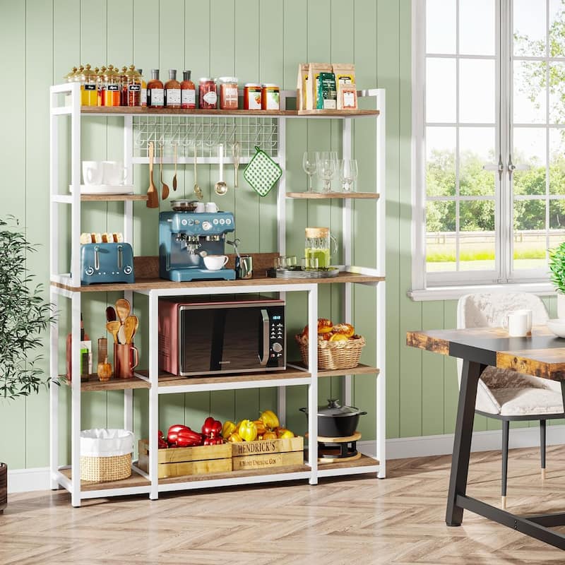 55" Wide Kitchen Hutch Cabinet Microwave Stand with 11 Hooks