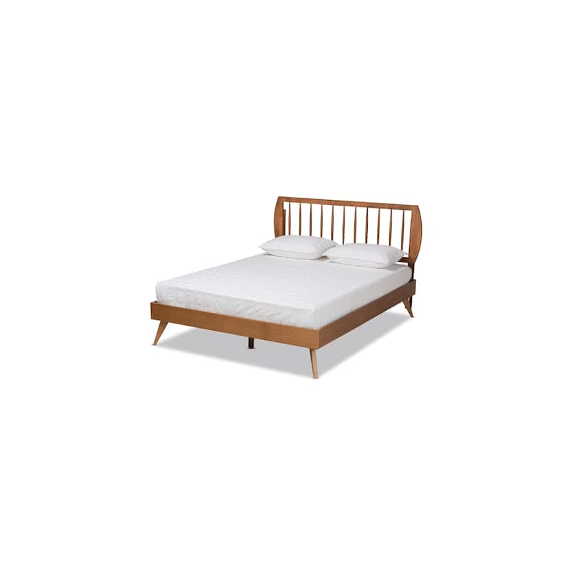 King Size Platform Bed Wood Frame - Modern Design, Walnut Finish, Spindled Headboard, Sturdy Slats, Bedroom Furniture