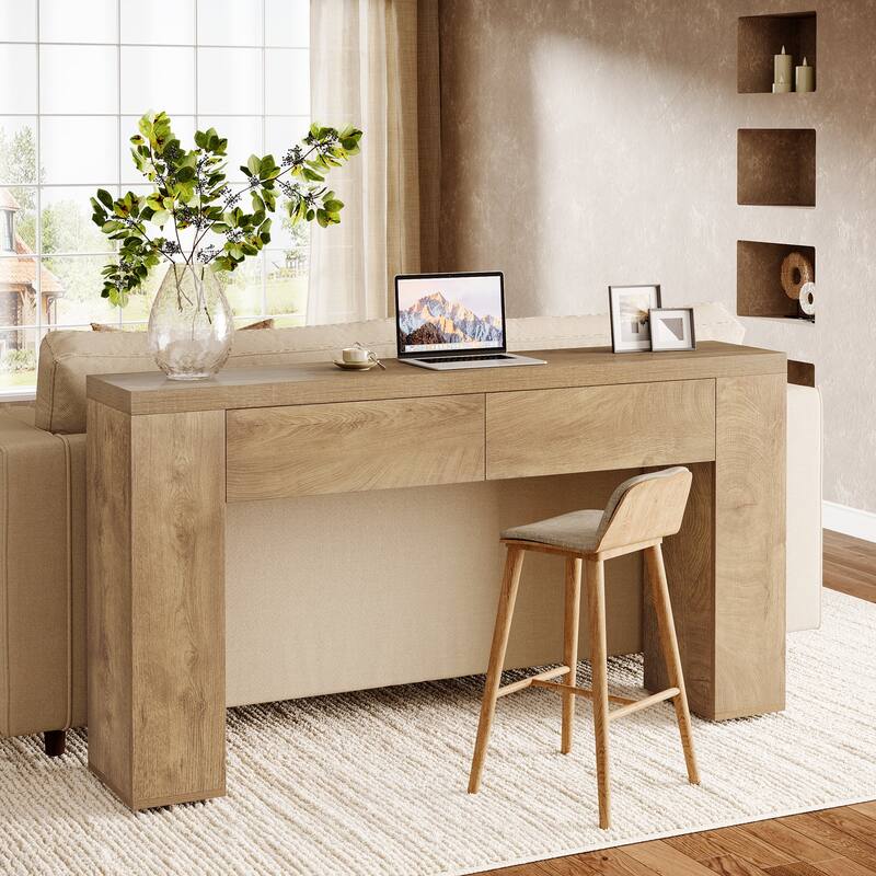 63" Wood Console Table With Drawers, Rustic Brown Sofa Console Table