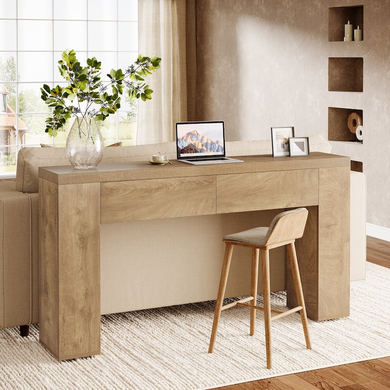 63-Inch Wooden Console Table, Farmhouse Rustic Brown Sofa Table