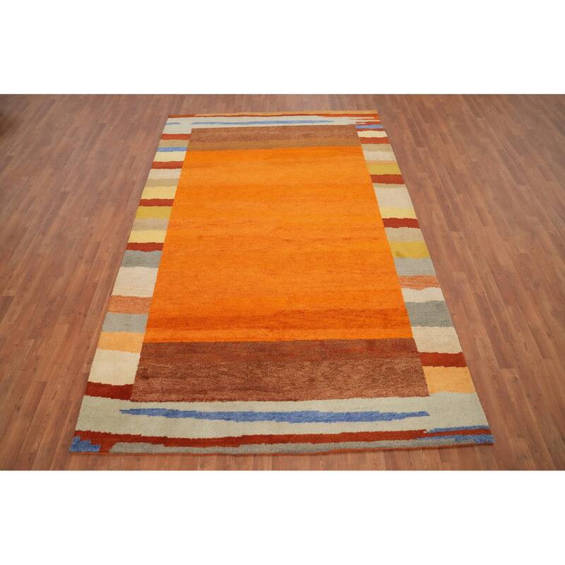 Hand Knotted Oriental 100% Wool Carpet Modern Bordered Oranges & Rust Gabbeh Area Rug - 9' 9'' X 6' 5''