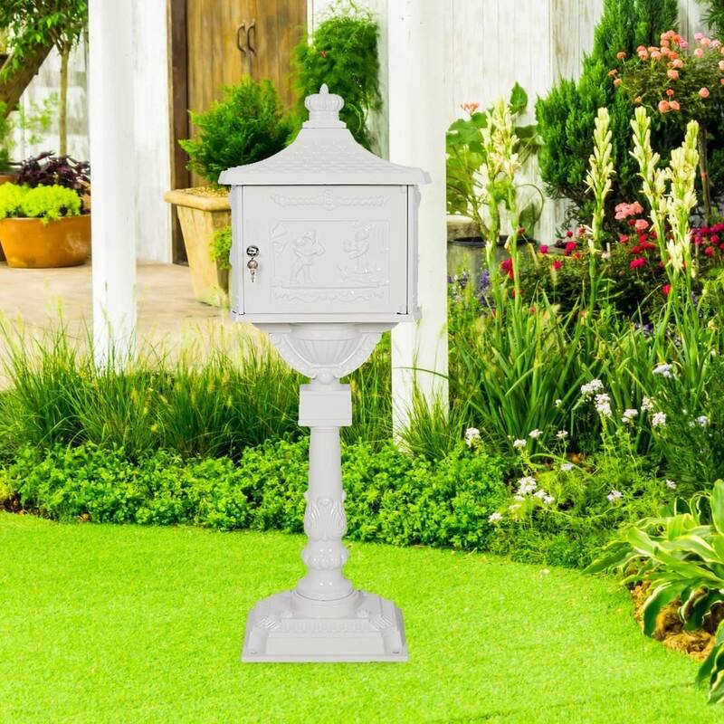 Retro Mid-century Aluminum Cast Mailbox with Post and Keys, Locking Residential Rust-Proof Security Postal Mailboxes