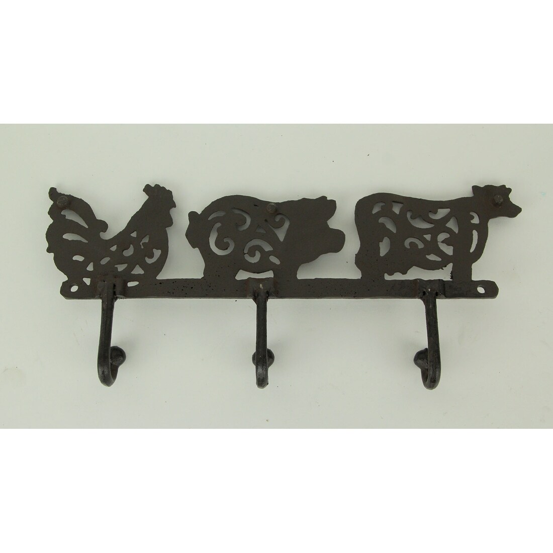 Shop Rustic Brown Cast Iron Pig Rooster Cow Triple Wall Hook Rack