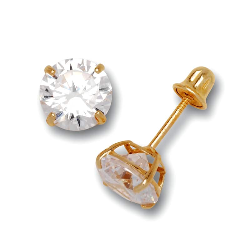 14K Yellow Gold 6mm Round Cubic Zircornia Birthstone Basket-Set Solitaire Screw-back Stud Earrings (12 colors) - Zircon