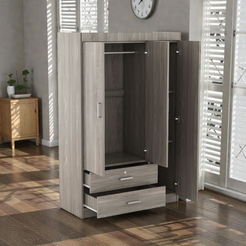 3 Door Wardrobe Closet with 2 Drawers, Modern White Freestanding Armoire Storage Cabinet for Bedroom