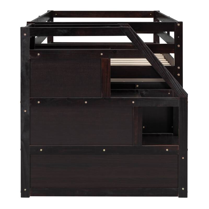 Pine Wood Bed Low Loft Bed with Retractable Writing Desk, 3 Drawers