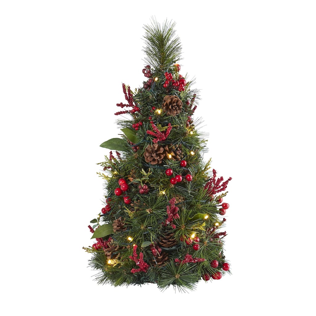 2’ Berry & Pine Cone Artificial Christmas Tree, Clear LED Lights - 2 Foot