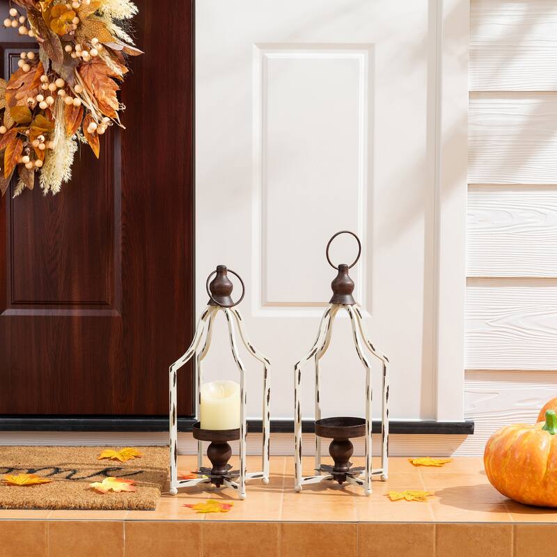 Glitzhome Set of 2 Farmhouse Metal Decorative Lanterns Hanging Candle Holders Wedding Decor