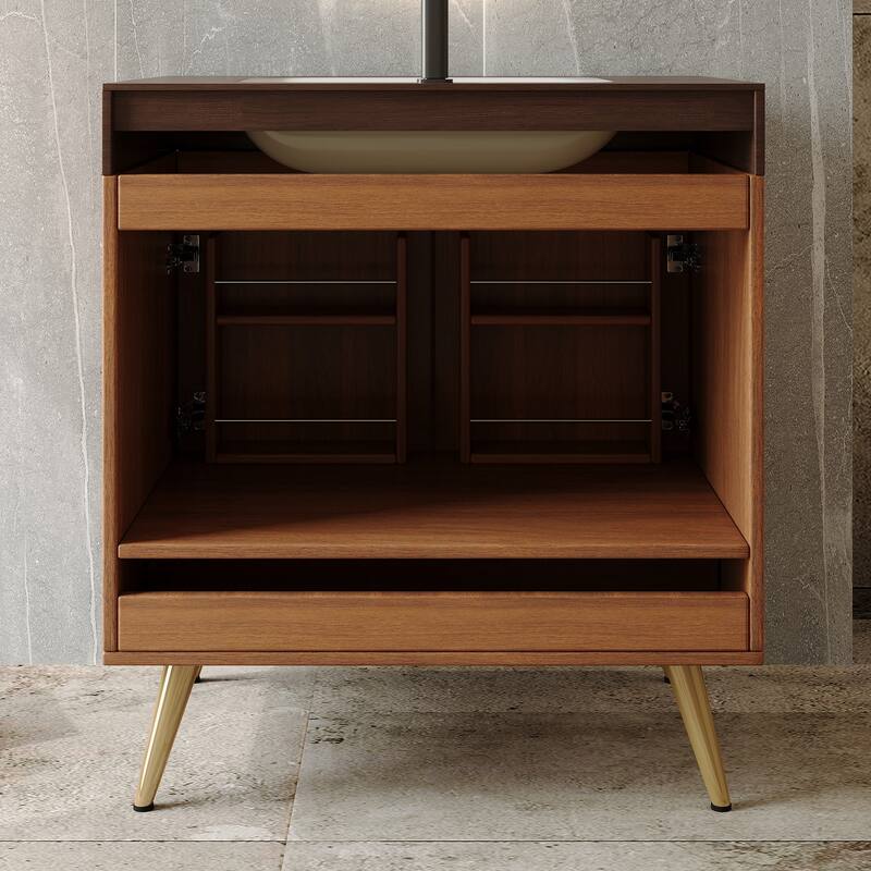 Free-standing Bathroom Vanity with Faux Marble Top & Ceramic Sink, 30" Double Door Storage Cabinet, Waterproof Engineered Wood