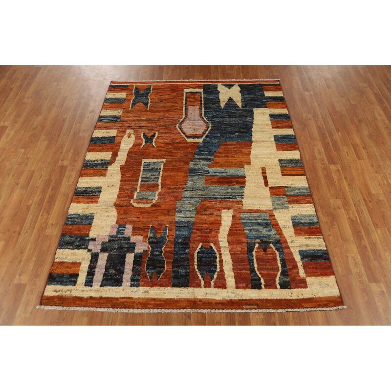 Orange Moroccan Oriental Area Rug Handmade Modern Wool Carpet - 5'9" x 7'8"