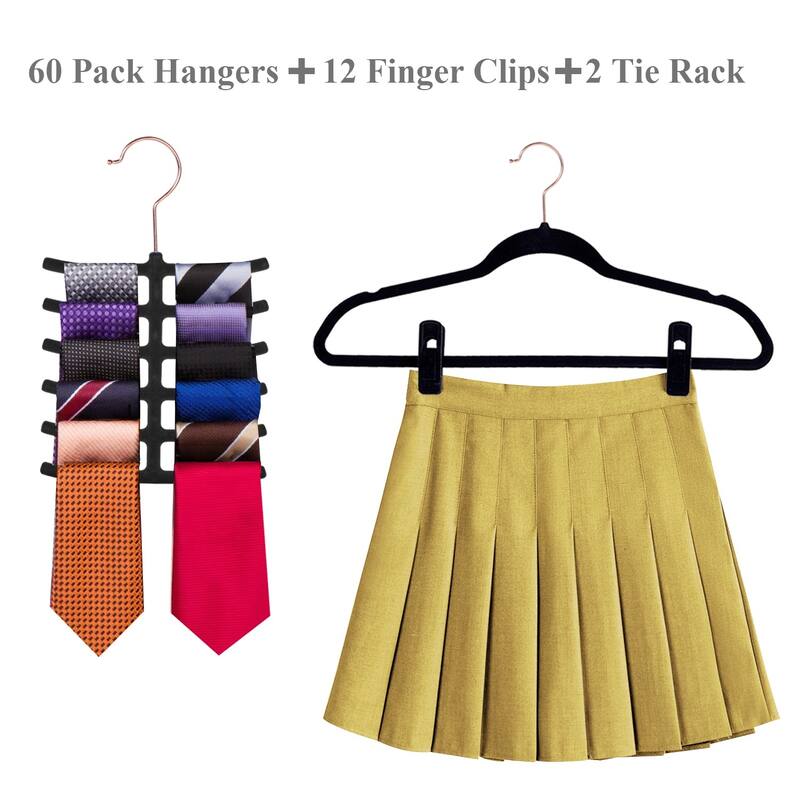 Javlergo 50/100 Pack Velvet Hangers, Heavy Duty Non Slip & Space-Saving Cloth Hangers with 6 Finger Clips & Tie Rack