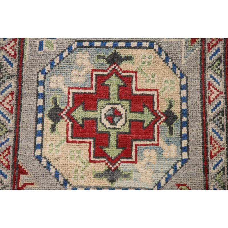 Grey Kazak Runner Rug Handmade Geometric Wool Carpet - 2'9" x 13'5"