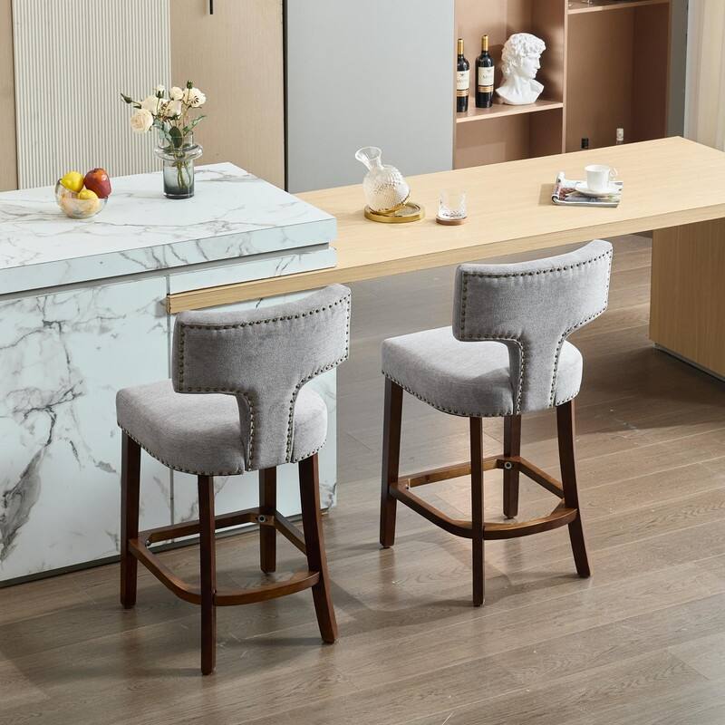 Counter Height Bar Stools Set of 2, Farmhouse Linen Fabric Upholstered Accent Chair Curved Backrest with Copper Nails around