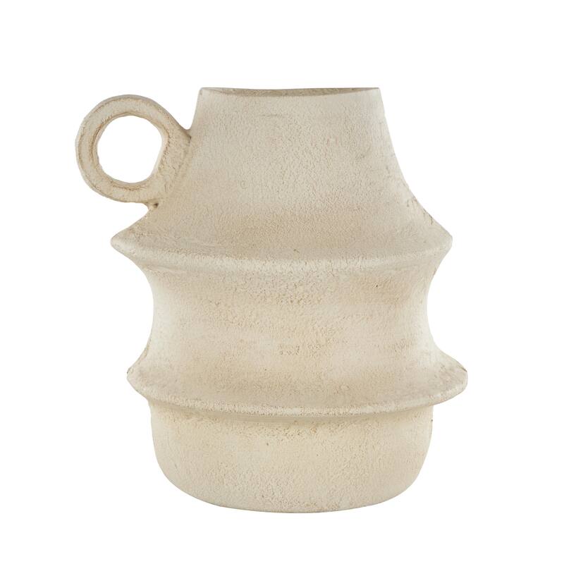 Cream Paper Mache Fluted Decorative Vase with Brown Distressed Texturing and Ring Handle