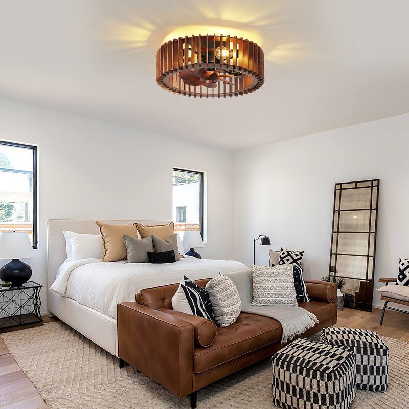 20" Ceiling Fan with Lantern for Kitchen, Farmhouse, Bedroom Ceiling Lights (6 Speeds, 1/2/4 Hour Timer) - Walnut
