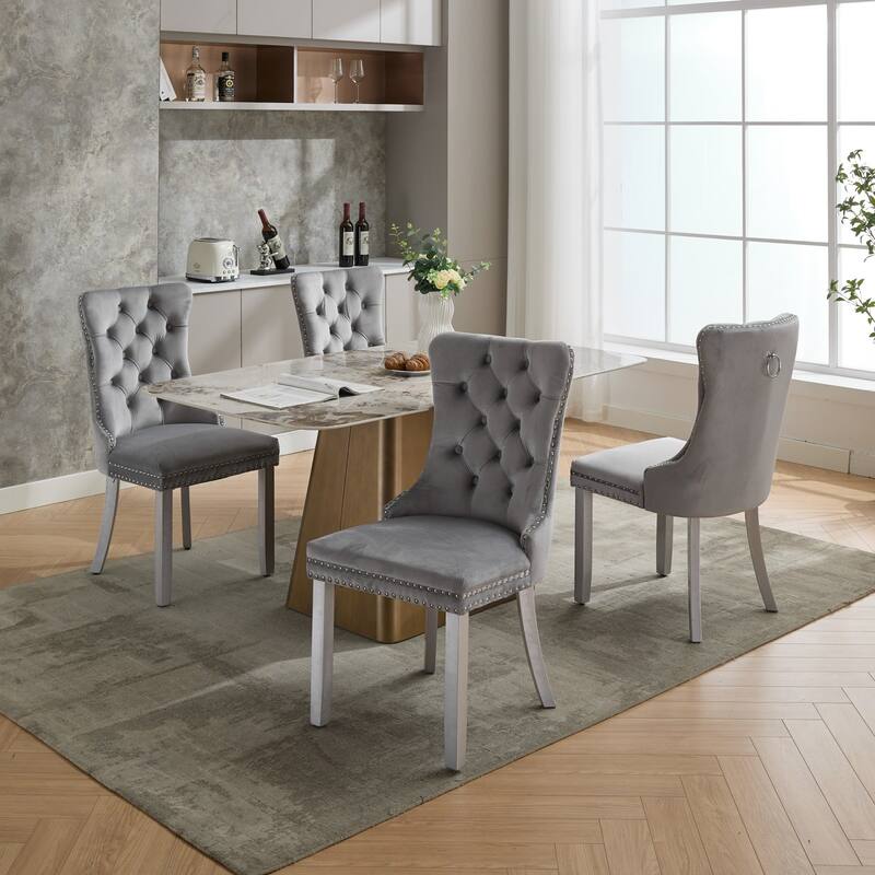 Nikki Collection Modern High-end Tufted Velvet Upholstered Dining Chair with Wood Legs Nailhead Trim 2-Pcs Set