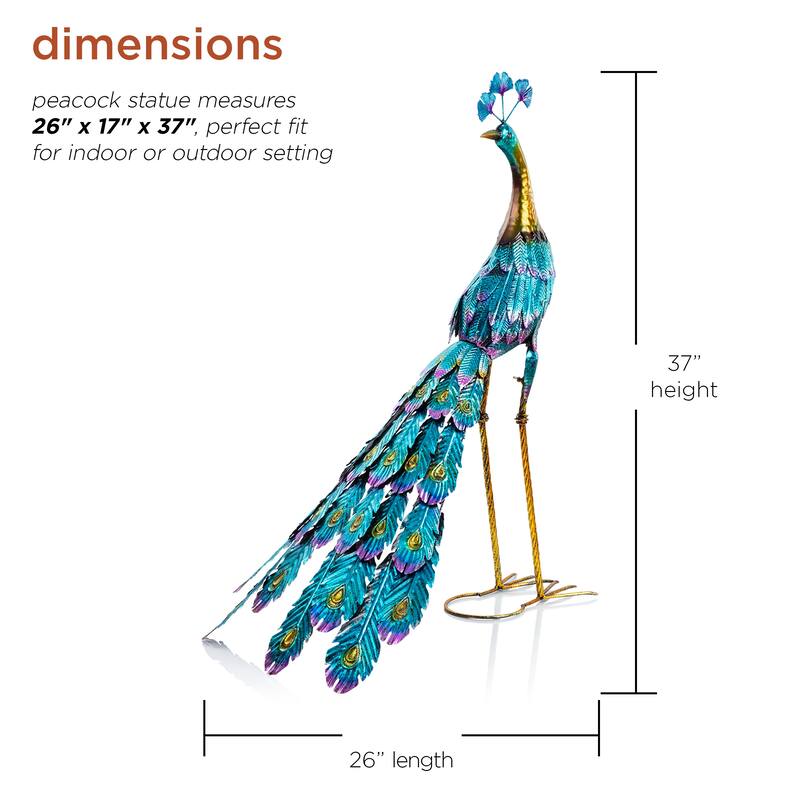 Alpine Corporation 23" Tall Outdoor Metallic Peacock Tail Spread Yard Statue Decoration, Multicolor
