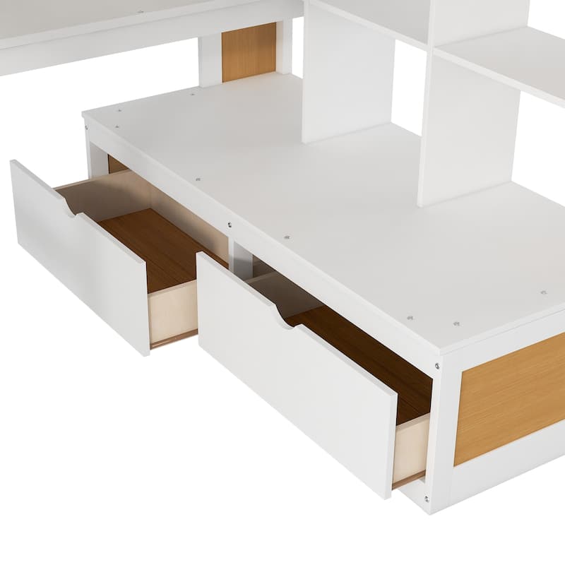 Full Size Loft Bed with Desk, Shelves, Drawers, and Storage Staircase in White and Natural