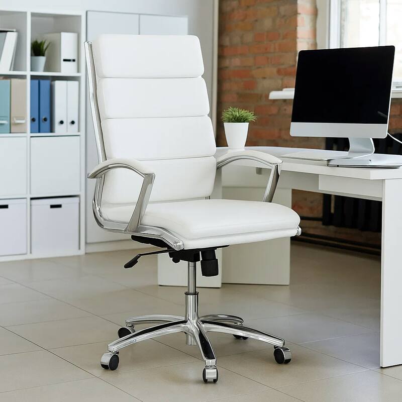 Dave Tall Executive Swivel Armchair, Chrome Finish, White Vinyl