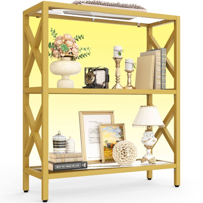 Modern Gold Bookshelf with Tempered Glass Shelves, 3-5 Tires Display Storage Shelving