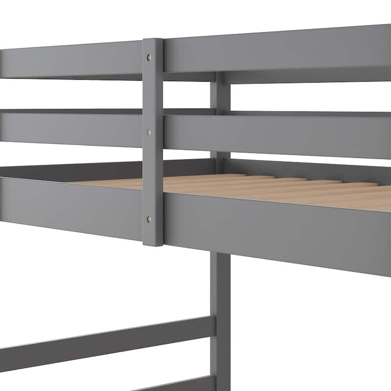 Twin/Full Size Wooden Floor Bunk Bed, Solid Pinewood Bunk Bed Frame with Double Ladders and Full Length Guardrail