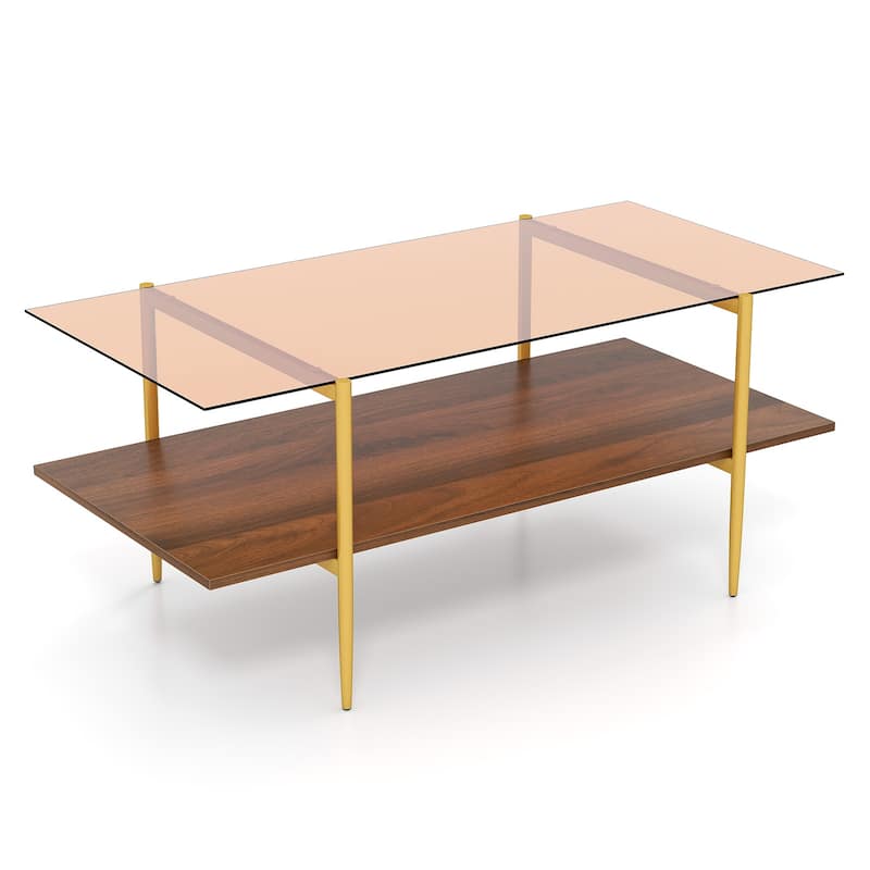 Gymax 2-Tier Glass Coffee Table w/ Tampered Glass Tabletop & Open