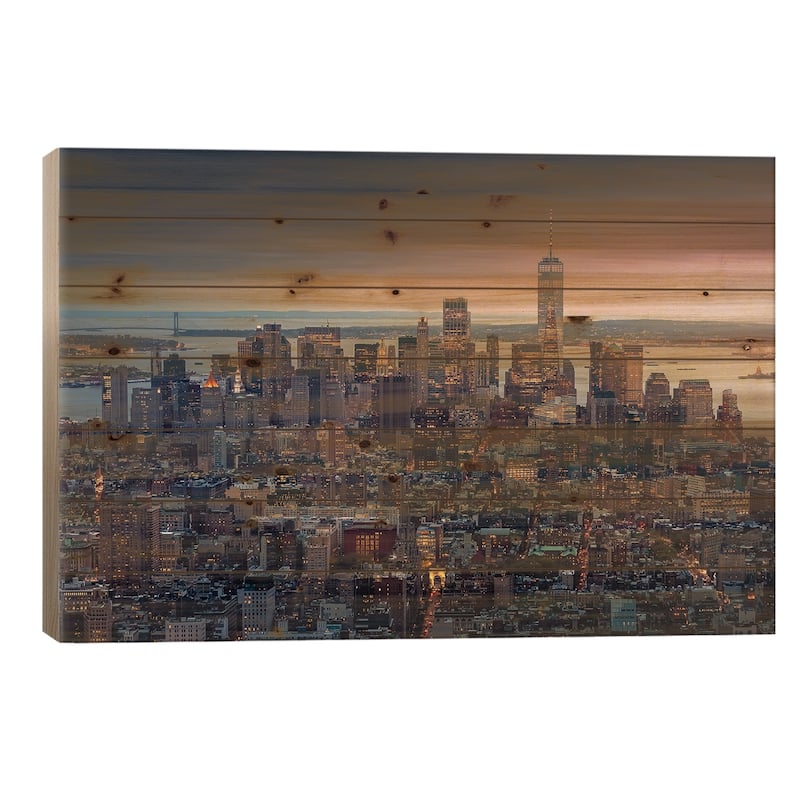 Sunset On Lower Manhattan Print On Wood by Jérôme Labouyrie - Multi-Color - 26x40x1.5