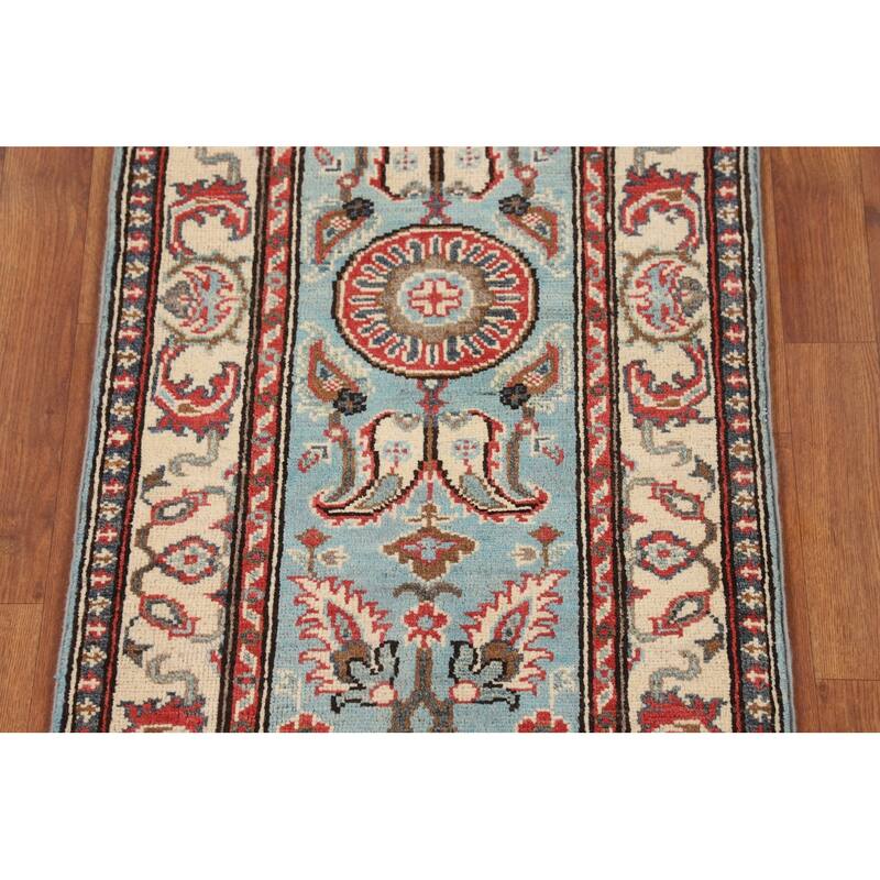 Light Blue Traditional Kazak Runner Rug Handmade Hallway Wool Carpet - 2'1" x 5'9"