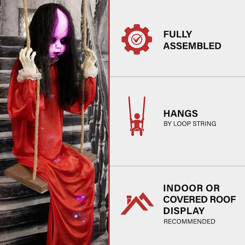 Haunted Hill Farm Giggles the Giggling Zombie Girl on a Swing with Colorful Light-Up Body and Eyes for Halloween Decoration