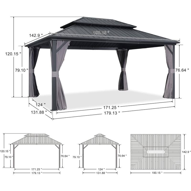 PURPLE LEAF Gazebo Outdoor Gazebo with Dual-Layer Galvanized Steel Double Roof Aluminum Gazebo with Netting and Curtains Grey