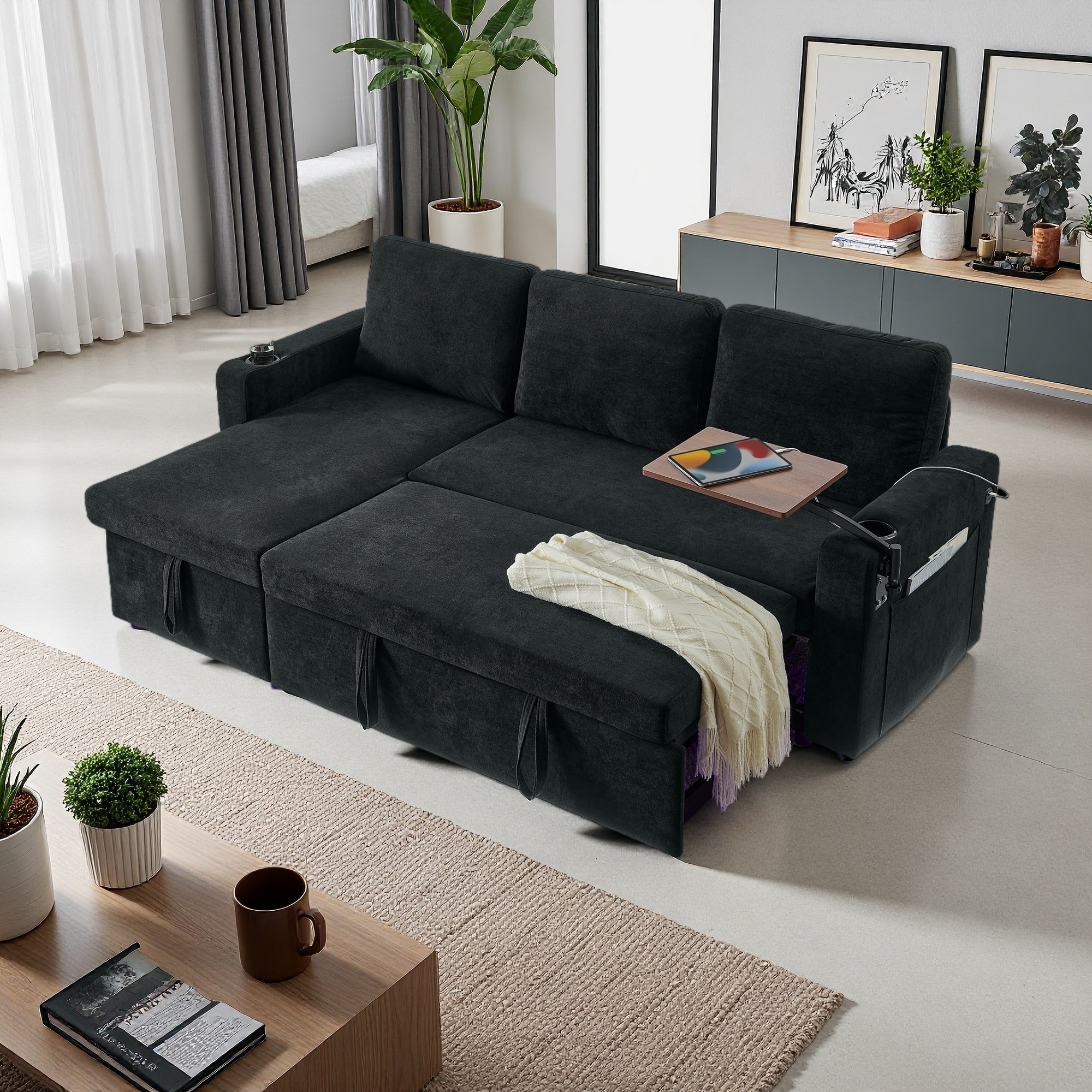 85" Chenille Multi-Functional 3-Seater Sofa with Pull-Out Bed, Retractable Table and LED Lighting