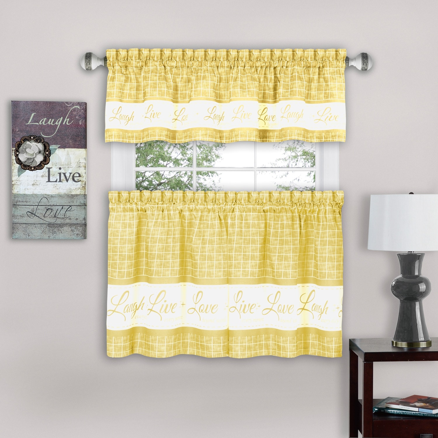 Live Laugh Love 3 Piece Kitchen Curtain Set Tiers 58x36 Swag 58x14 Inches Overstock 30385914 Blue