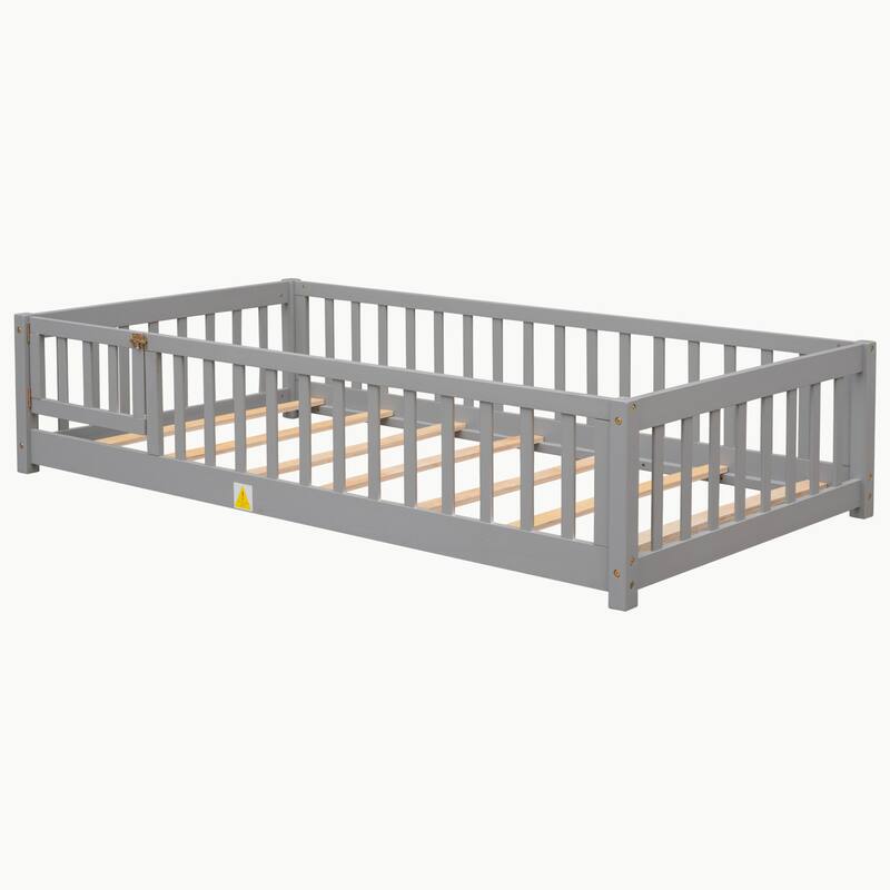 Pine Wood Floor Platform Bed with Fence and Door