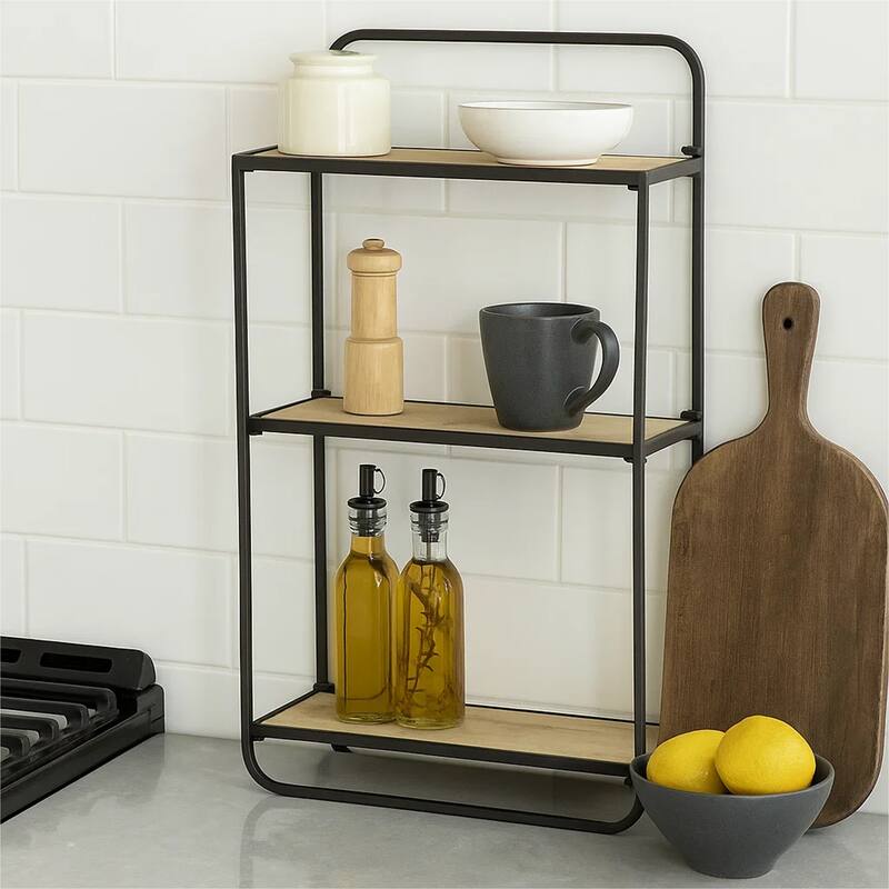 32 Inch Shelving Unit, Black Curved Iron Frame, Three Fir Wood Shelves