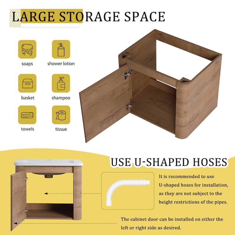 24'' Wall-Mounted Bathroom Vanity with White Ceramic Sink & 1-Soft-Close Door, KD-Packing, Plywood