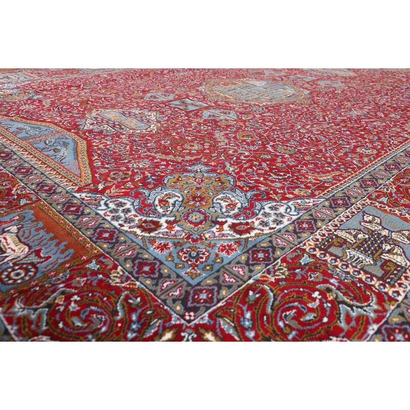 Pictorial Red Floral Kashan Turkish Area Rug Machine-Made Carpet - 9'8" x 12'11"