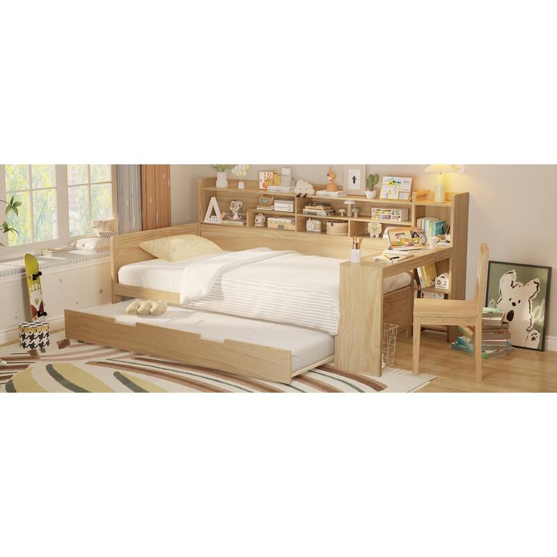 Space-Saving Twin/Full Size Daybed with Trundle and Study Desk, Wooden Platform Bed with Storage Shelves